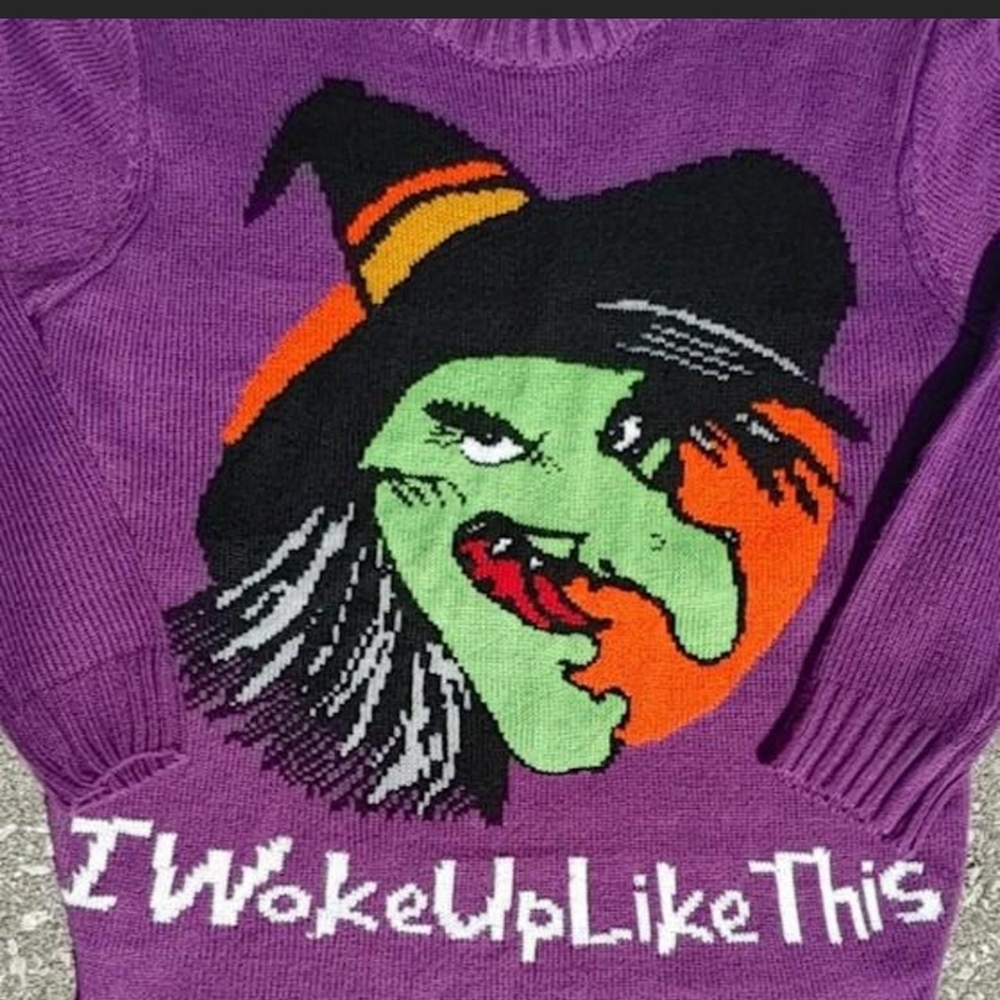 Y2K Witchy Halloween Horror Print Knitted Crew Neck Sweater Small Purple - Picture 2 of 5